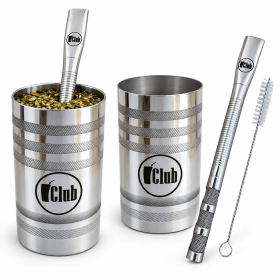 Kit Tereré Copo Inox Premium Recartilhado 280ml + Bomba Inox Tela Dupla 19cm