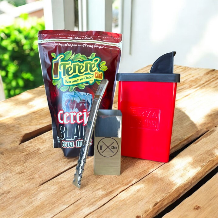 Kit para Tereré com Erva + Copo Inox Quadrado Premium + Bomba Inox V8 + Porta Erva